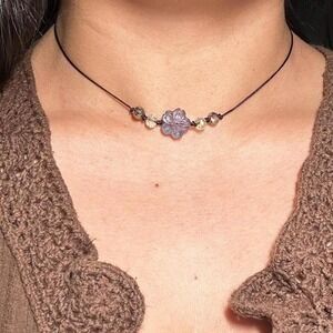 Handmade Dusty Purple Glass Flower Choker Necklace Brown Cord Crystal Bead Boho